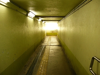 地下道内。真四角の断面。中は薄緑色に塗られている。