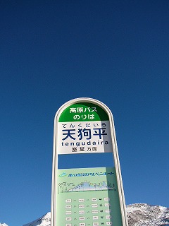 真っ青な空と明るい緑色のバス停