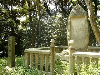 もろそうな石の柵に囲われた大きな自然石の外郭がいびつな碑。文字がたくさん書いてある。