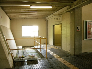 三方を壁に囲まれたスペースの右手にトイレの入口。スペースに入る前のところには、花の植えられたプランターが2つ並んでいる。