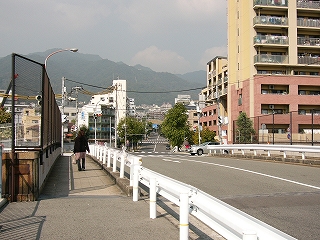 橋詰から見た橋の写真。左に歩道、右に車道。先の道は一旦くぼんで、さらに遠くへ延びている。