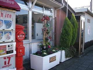 アイスの自販機、赤丸ポスト、白色のコンクリートの大きなプランターに植えられた葉牡丹、ゴールドクレスト。