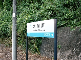 ホームに立つJR西日本様式の駅名標。すぐ後ろに藪が迫っている。