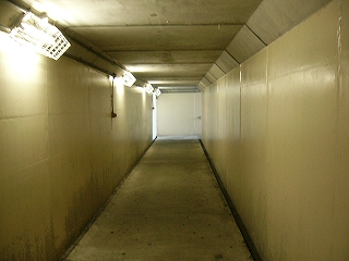 左と右の壁にクリーム色のペンキが塗られた地下通路内。蛍光灯がともり明るい。突き当たると道は左に折れるらしく光が差し込んできている。