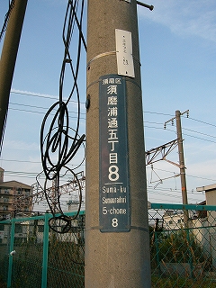 青い板に白い字で表示された街区表示板。