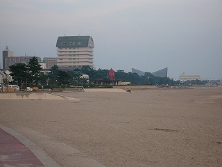 砂浜。向こうに林があり、ホテルの建物が見えている。